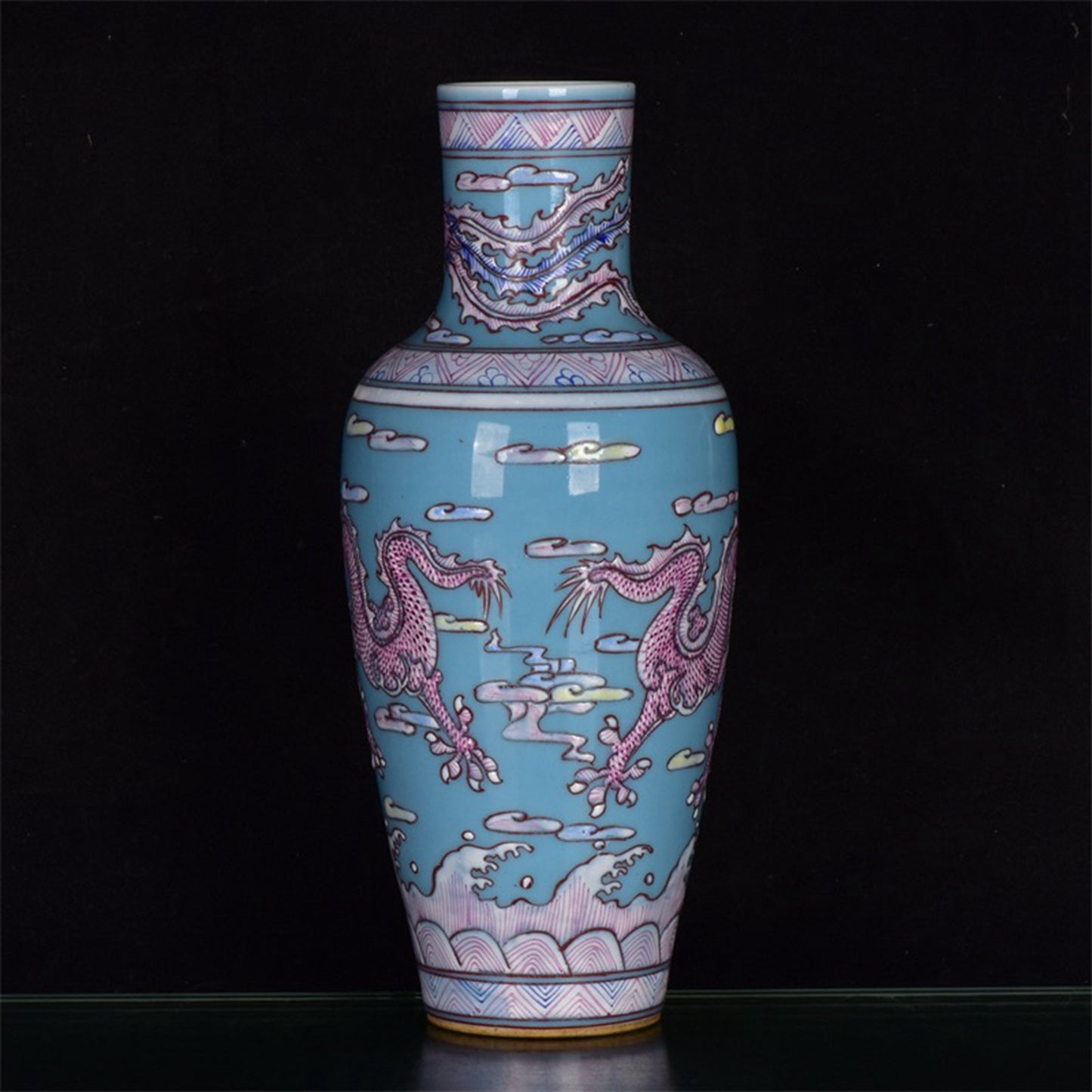 Chinese antique sky blue glazed rouge red dragon patterned bottle