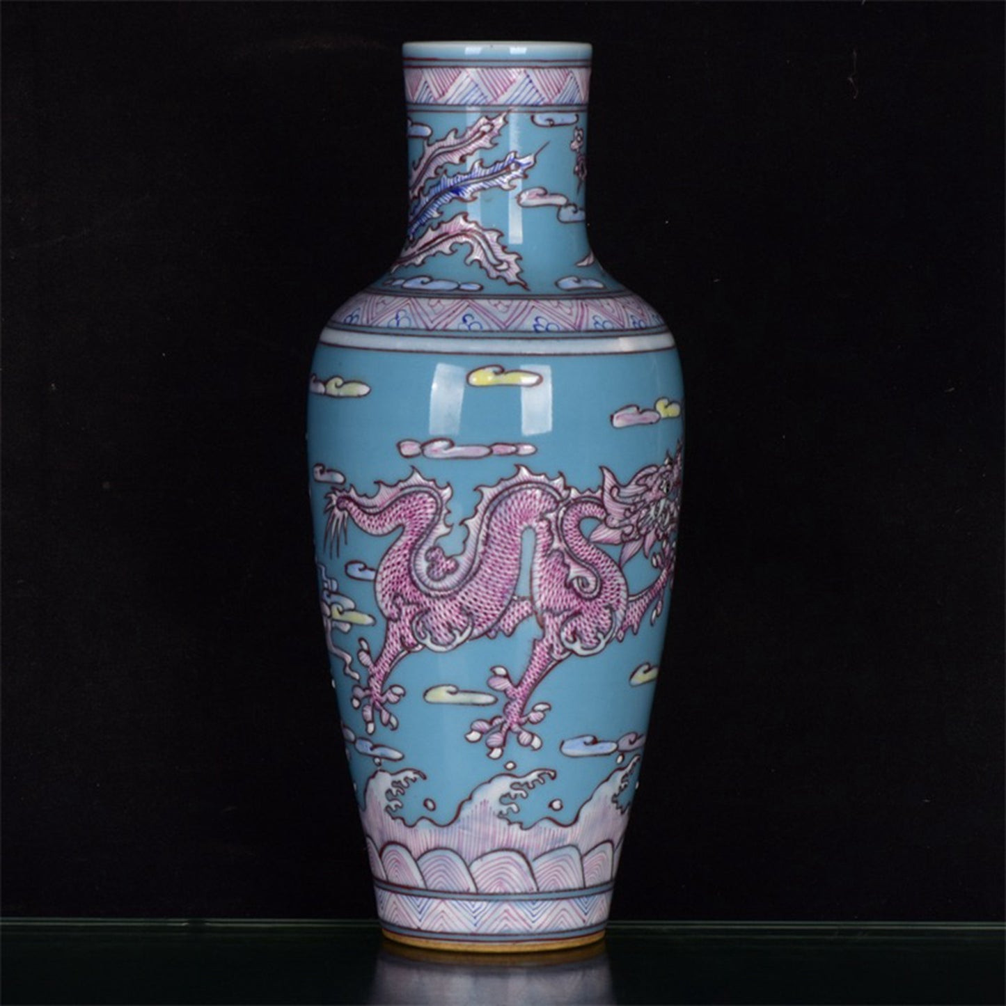 Chinese antique sky blue glazed rouge red dragon patterned bottle