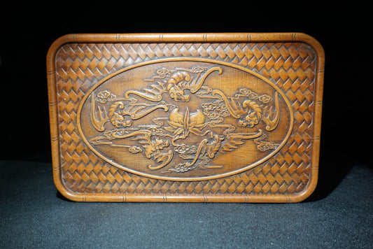 Chinese antique rosewood carved tea plate with five blessings and longevity offerings