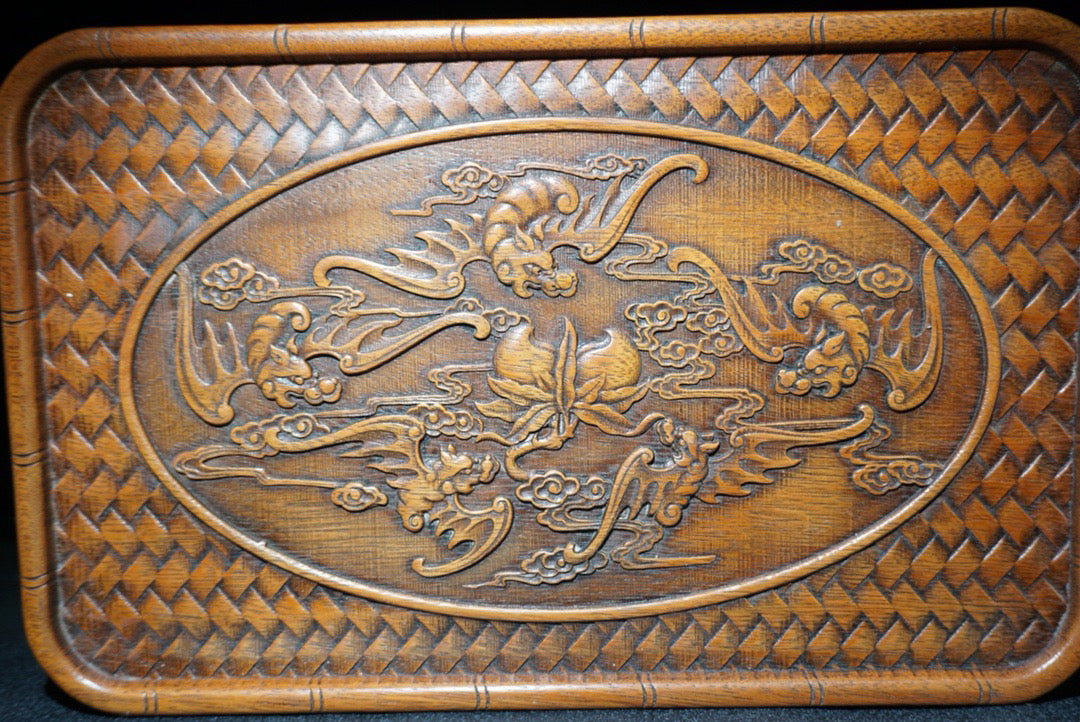 Chinese antique rosewood carved tea plate with five blessings and longevity offerings