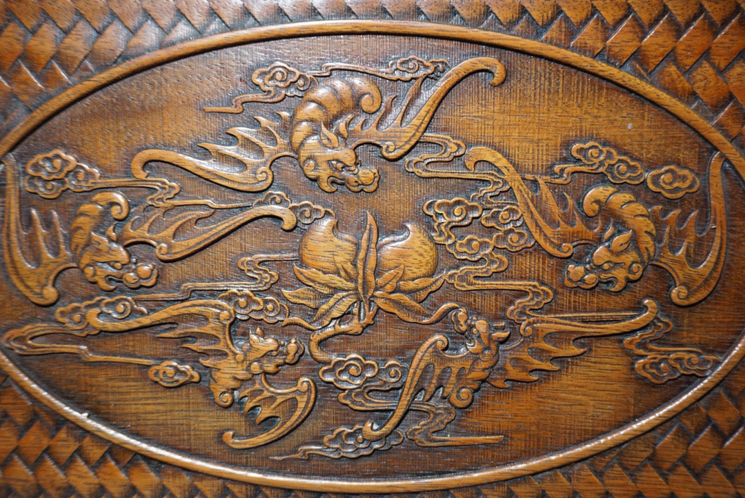 Chinese antique rosewood carved tea plate with five blessings and longevity offerings