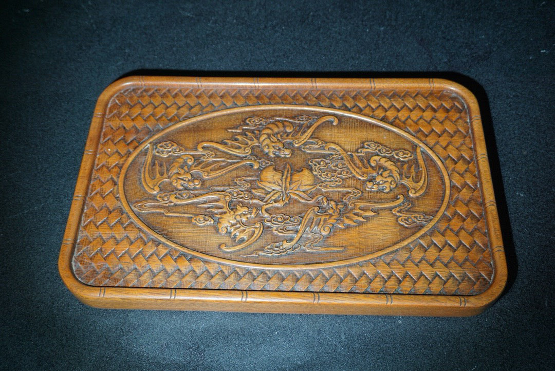 Chinese antique rosewood carved tea plate with five blessings and longevity offerings