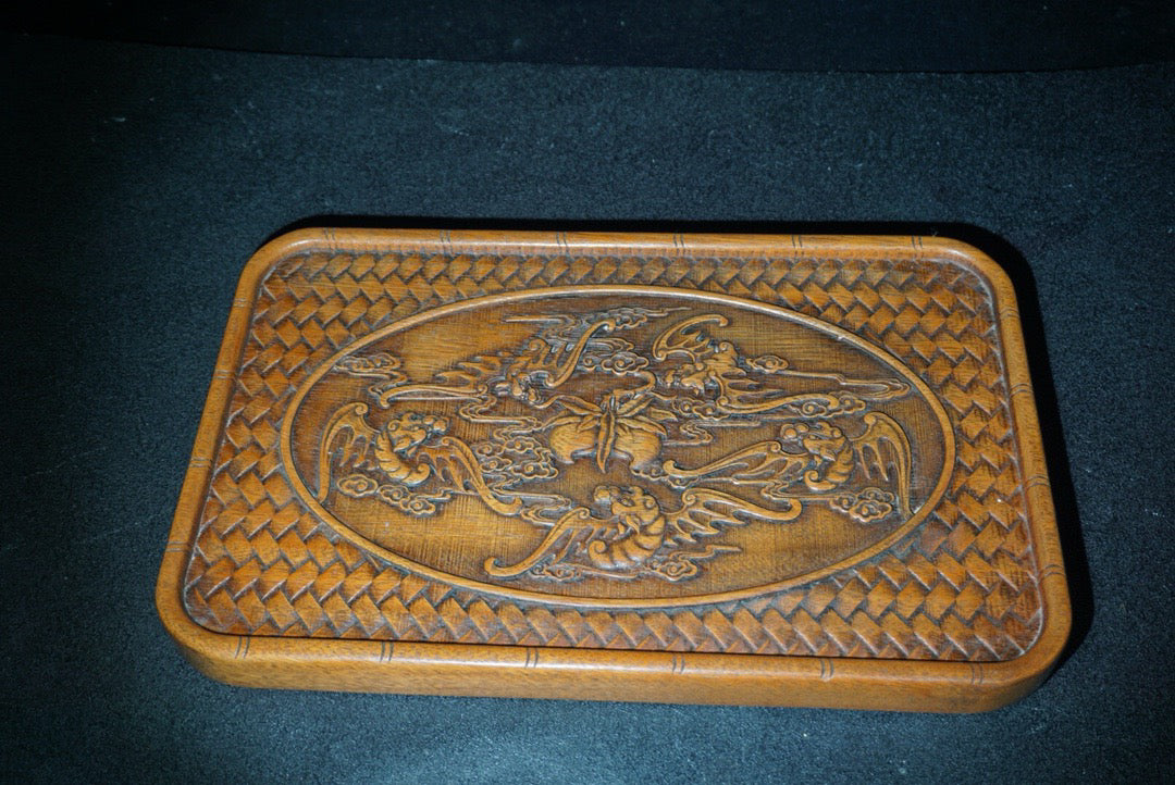 Chinese antique rosewood carved tea plate with five blessings and longevity offerings