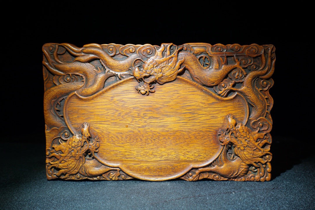 Chinese antique rosewood carved dragon patterned inkstone