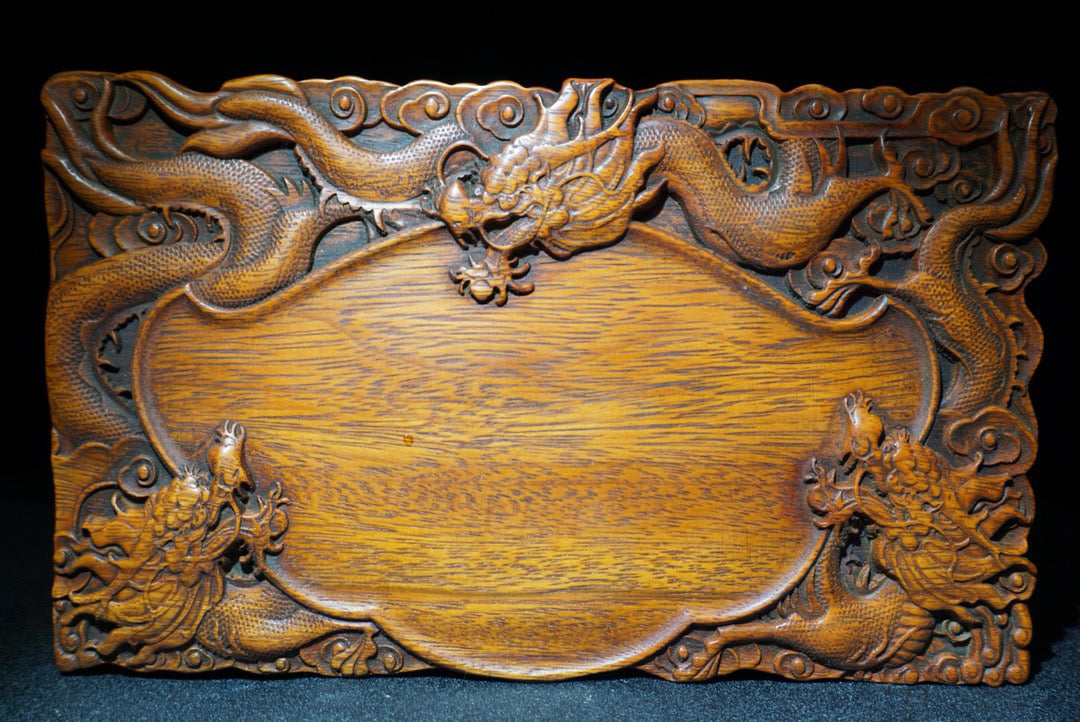 Chinese antique rosewood carved dragon patterned inkstone
