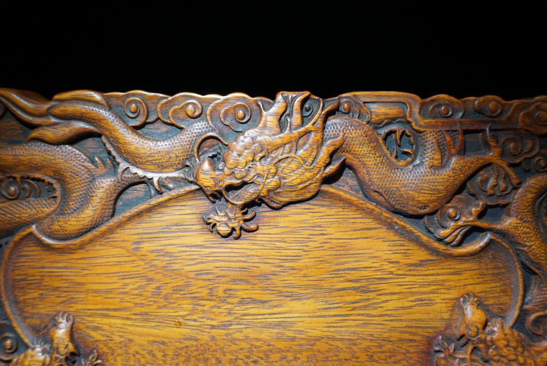 Chinese antique rosewood carved dragon patterned inkstone