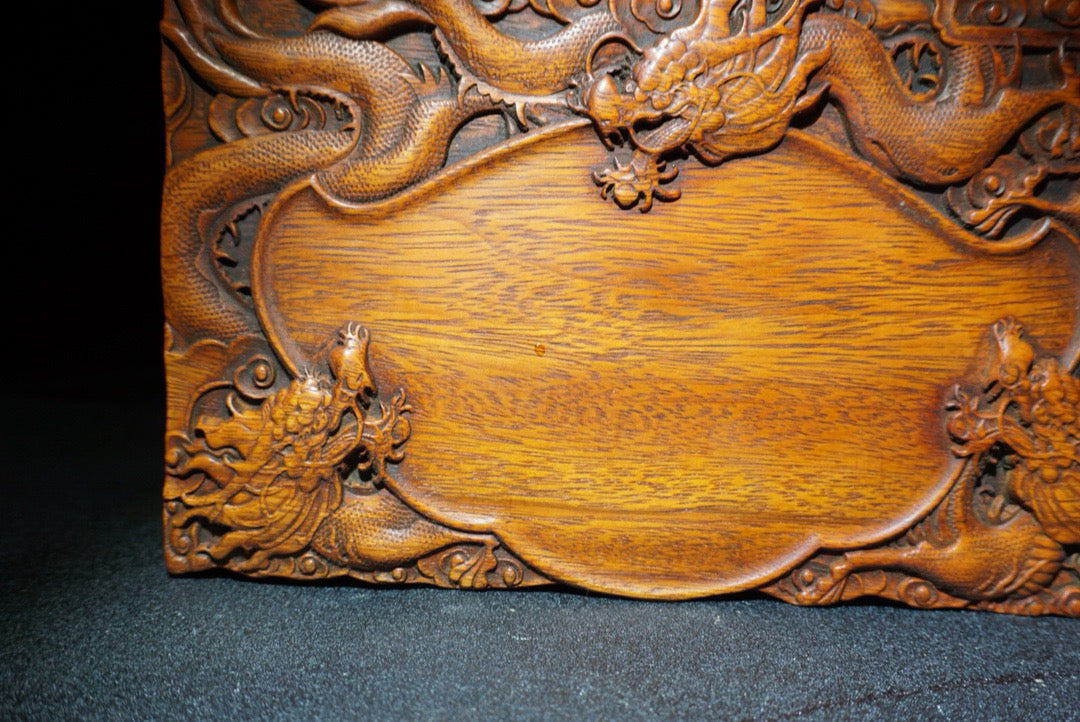 Chinese antique rosewood carved dragon patterned inkstone