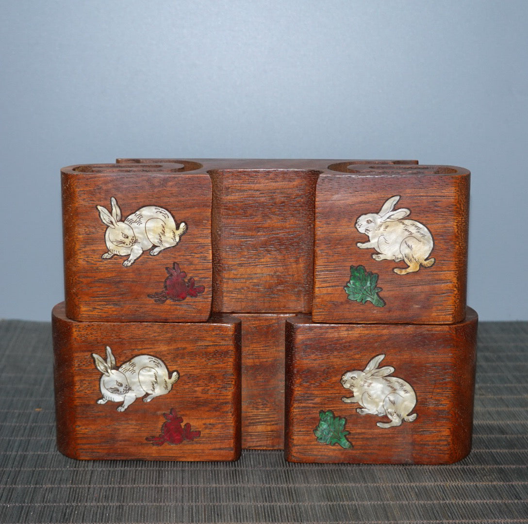 Pear wood inlaid color shell double-layer base pen holder