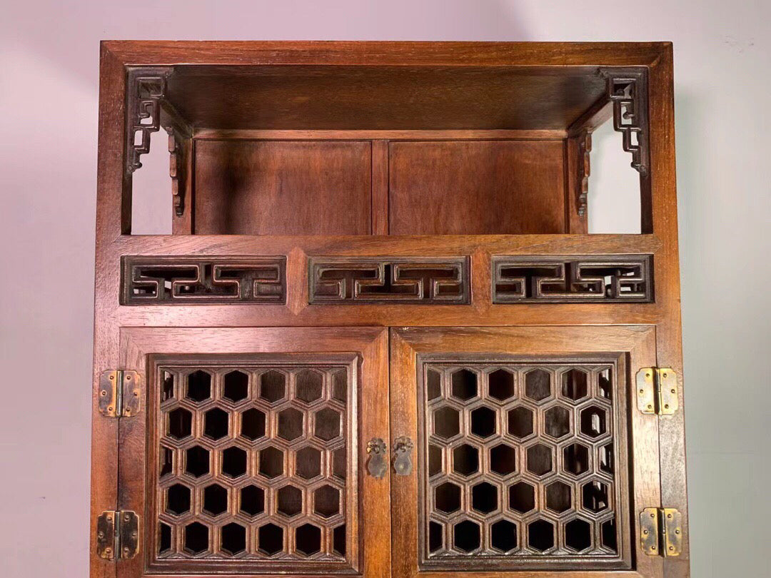 Chinese antique pear wood hollow tea cabinet