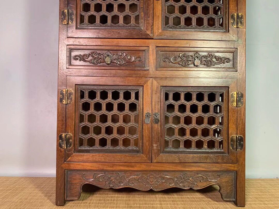 Chinese antique pear wood hollow tea cabinet