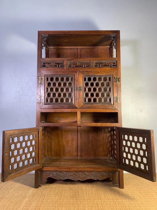 Chinese antique pear wood hollow tea cabinet
