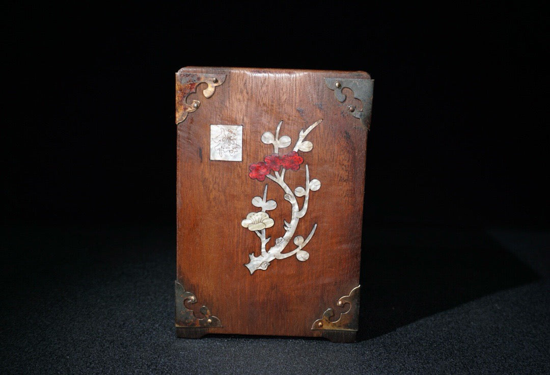 Chinese antique rosewood inlaid shell, plum blossom, orchid, bamboo and chrysanthemum square pen holder