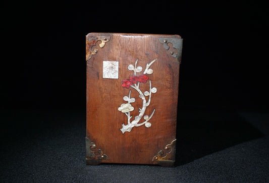 Chinese antique rosewood inlaid shell, plum blossom, orchid, bamboo and chrysanthemum square pen holder
