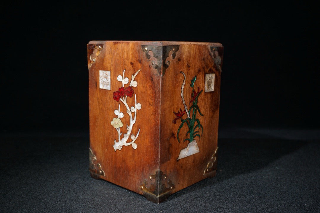 Chinese antique rosewood inlaid shell, plum blossom, orchid, bamboo and chrysanthemum square pen holder
