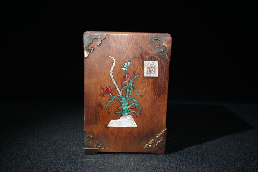 Chinese antique rosewood inlaid shell, plum blossom, orchid, bamboo and chrysanthemum square pen holder