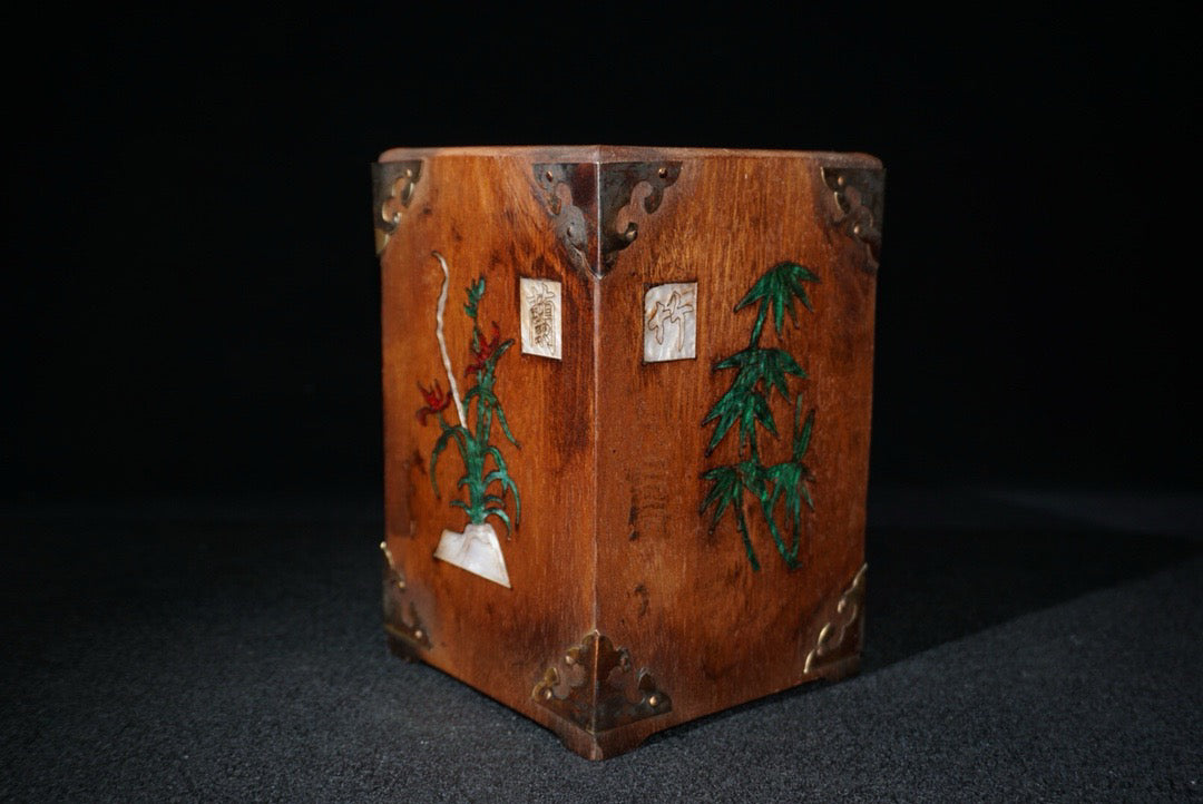 Chinese antique rosewood inlaid shell, plum blossom, orchid, bamboo and chrysanthemum square pen holder