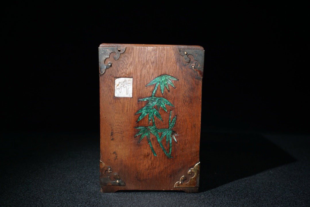 Chinese antique rosewood inlaid shell, plum blossom, orchid, bamboo and chrysanthemum square pen holder