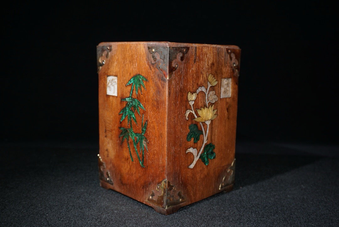Chinese antique rosewood inlaid shell, plum blossom, orchid, bamboo and chrysanthemum square pen holder