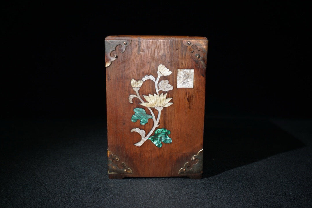 Chinese antique rosewood inlaid shell, plum blossom, orchid, bamboo and chrysanthemum square pen holder