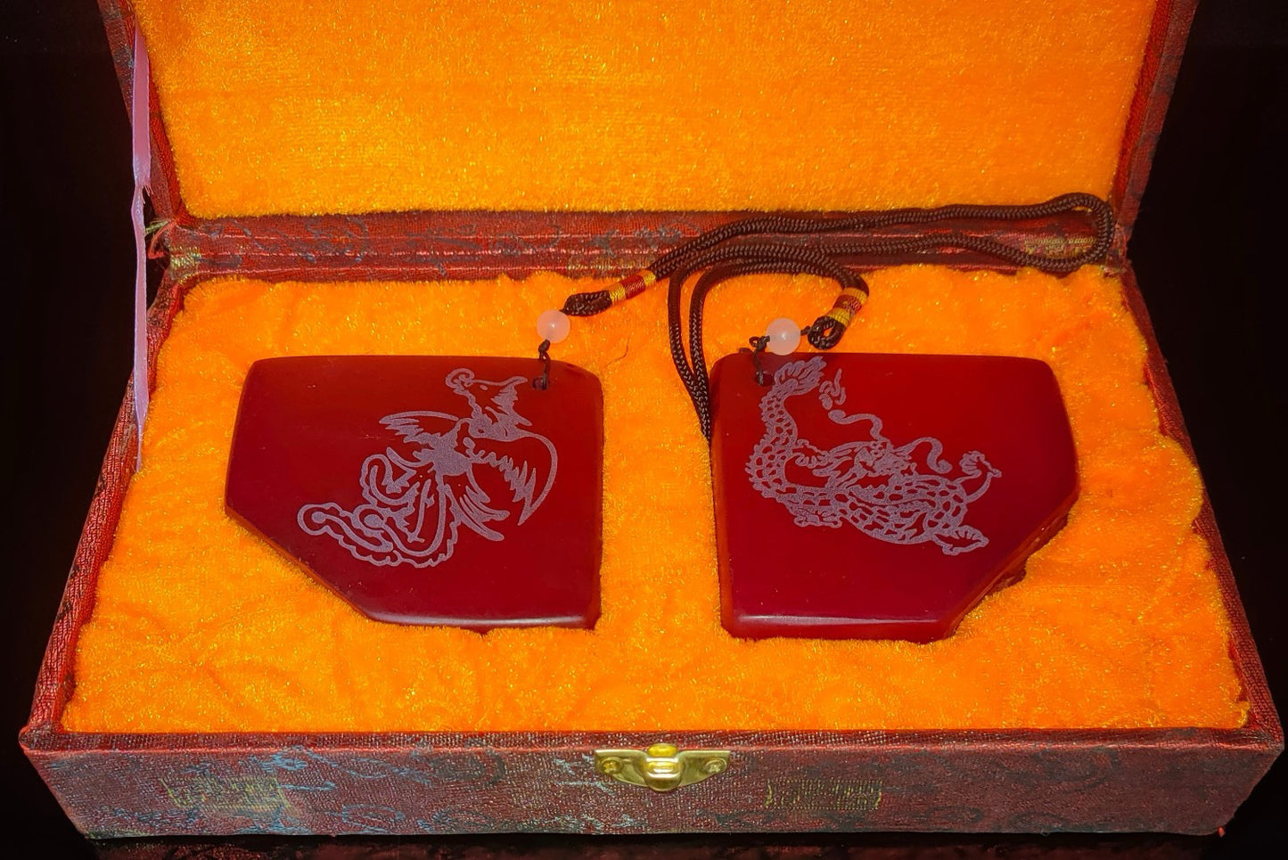 Chinese Antique Red Field, Yellow Dragon and Phoenix Seal