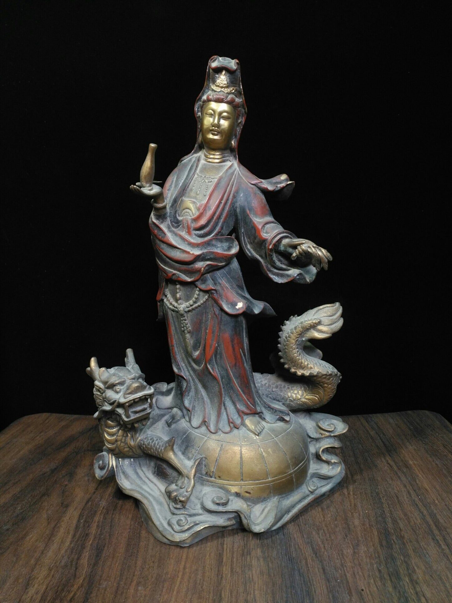 Chinese antique pure copper [Dragon Riding Guanyin Bodhisattva]