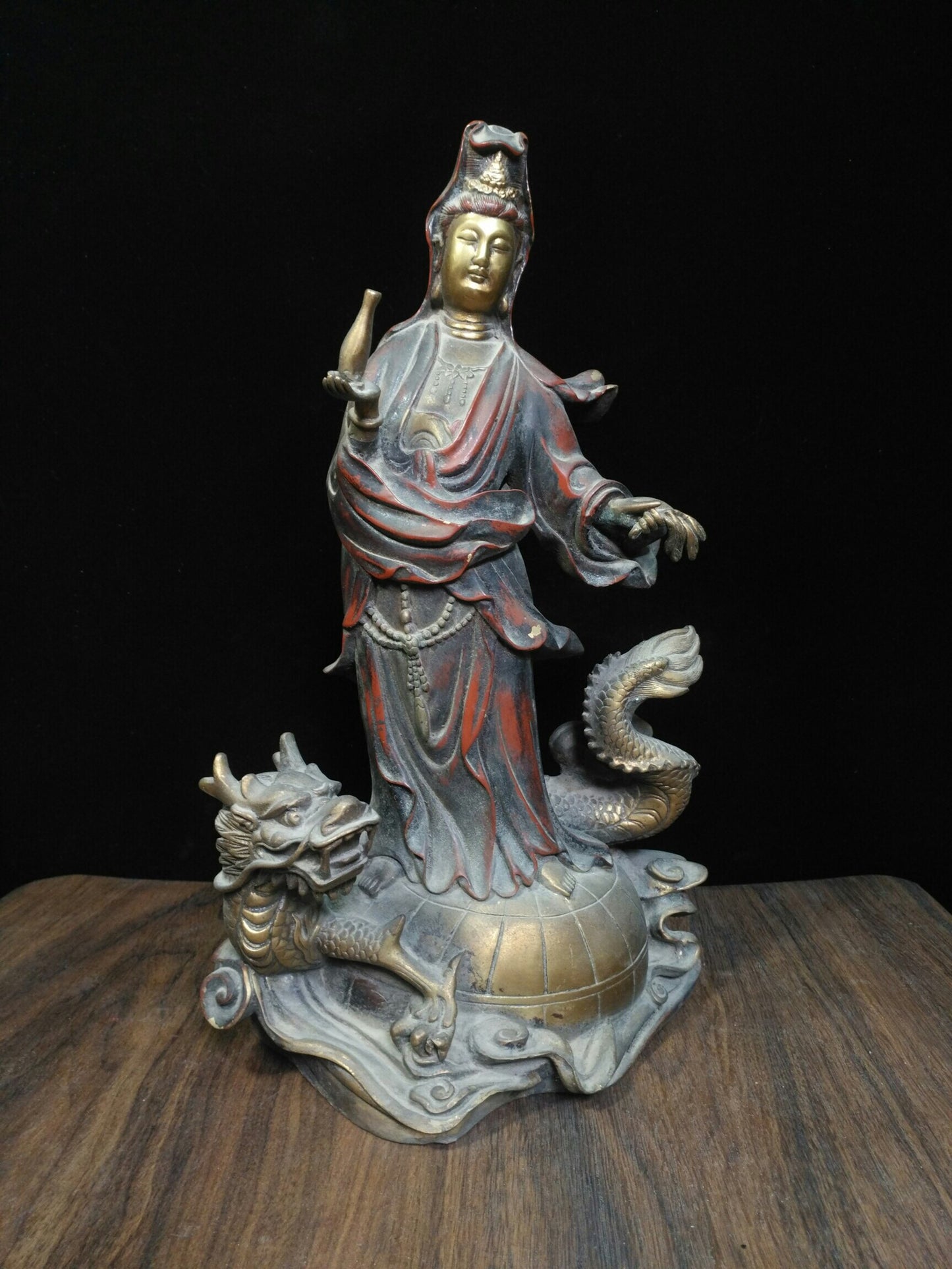Chinese antique pure copper [Dragon Riding Guanyin Bodhisattva]