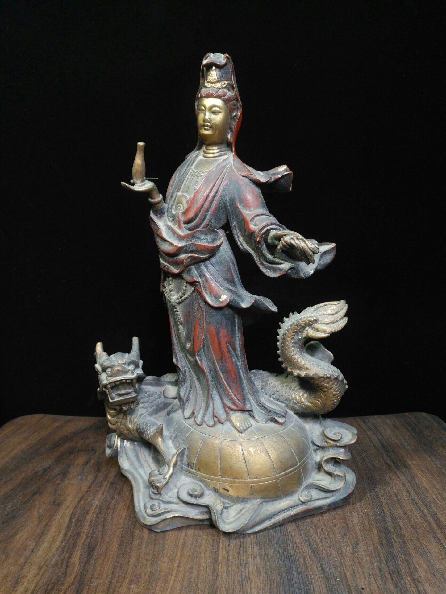 Chinese antique pure copper [Dragon Riding Guanyin Bodhisattva]