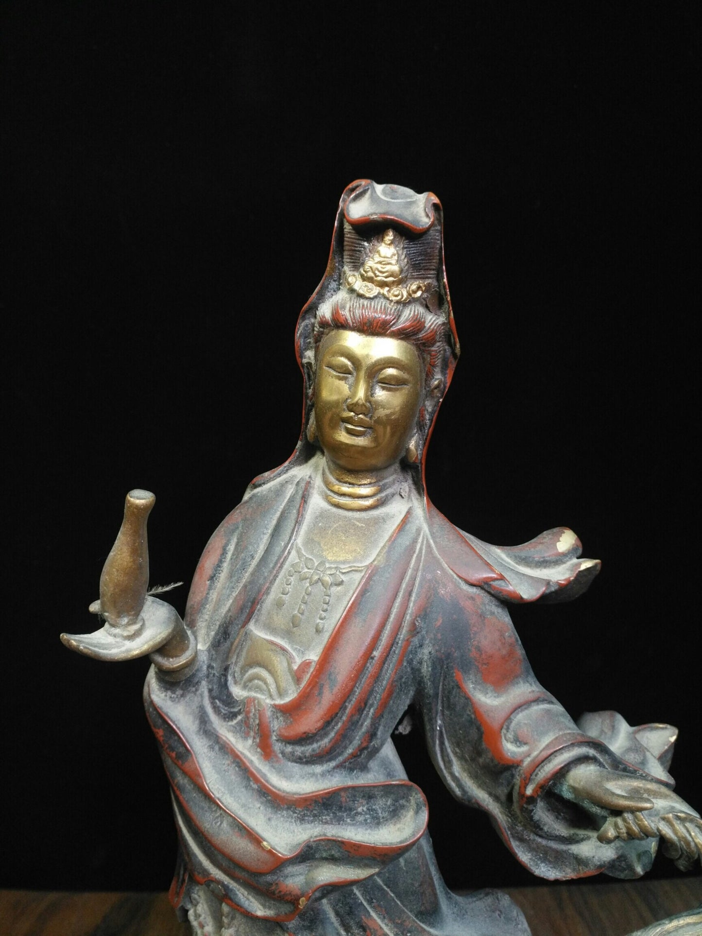 Chinese antique pure copper [Dragon Riding Guanyin Bodhisattva]