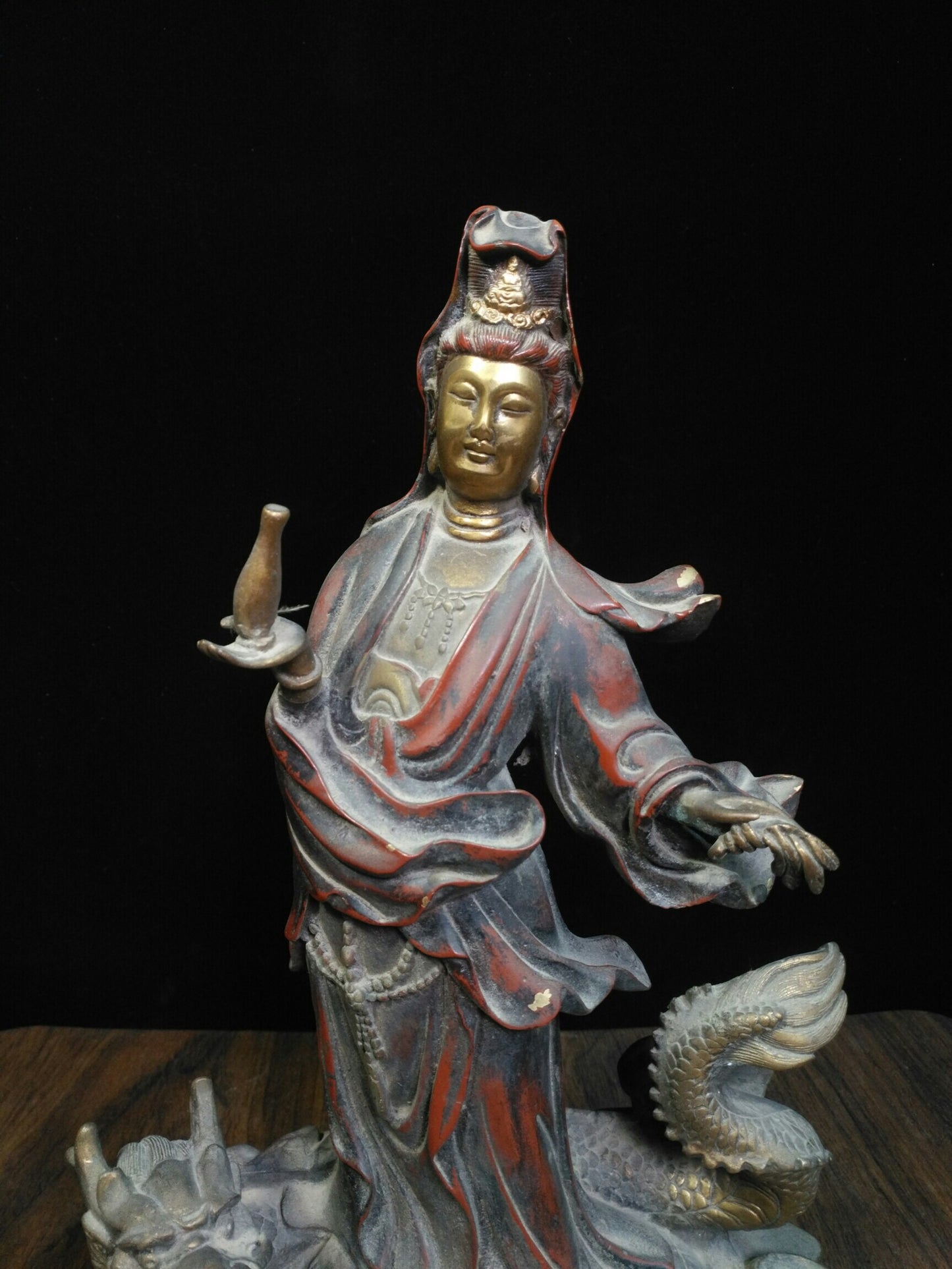 Chinese antique pure copper [Dragon Riding Guanyin Bodhisattva]