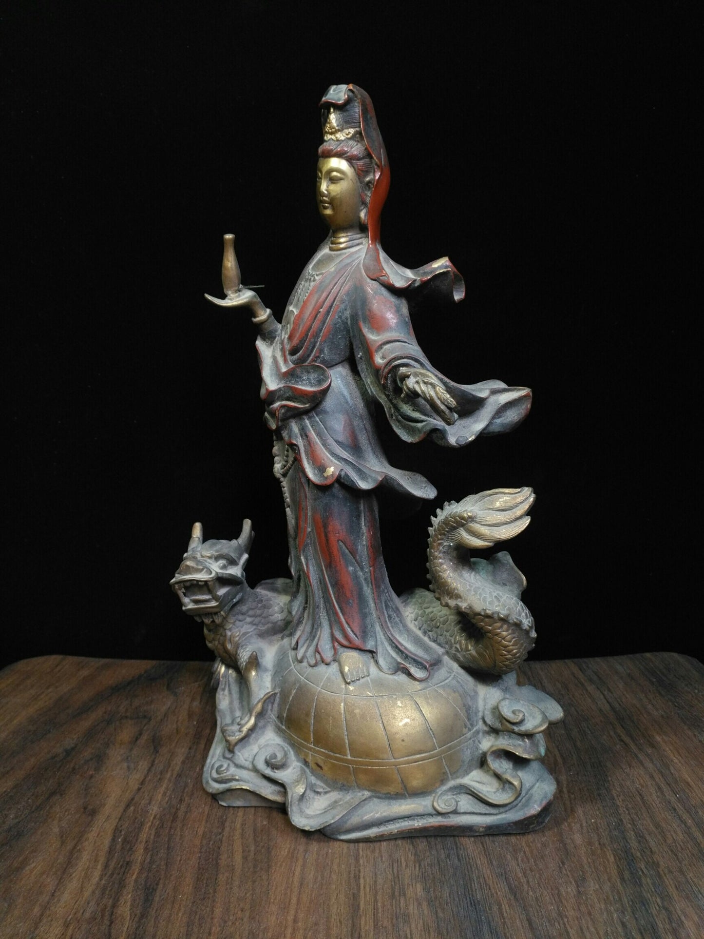 Chinese antique pure copper [Dragon Riding Guanyin Bodhisattva]