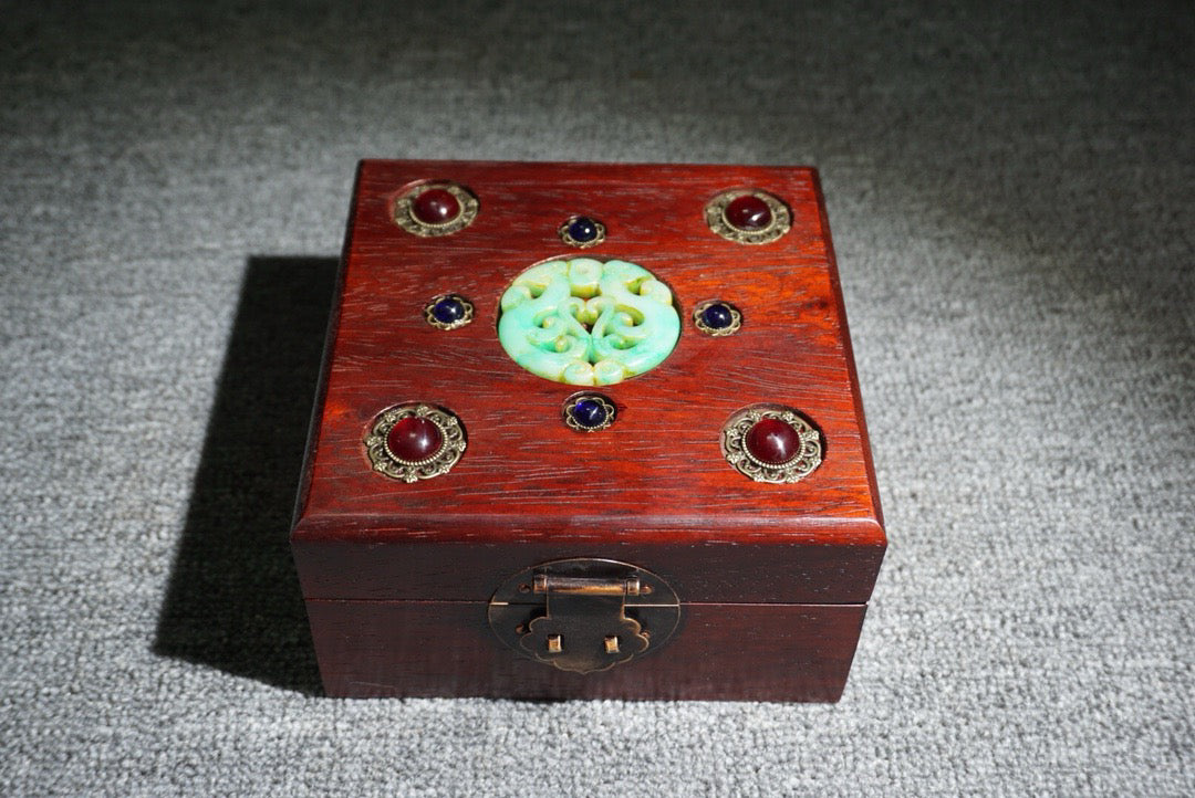 Chinese antique rosewood inlaid gemstone square box