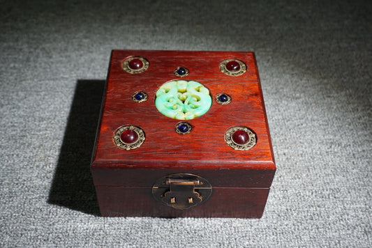 Chinese antique rosewood inlaid gemstone square box