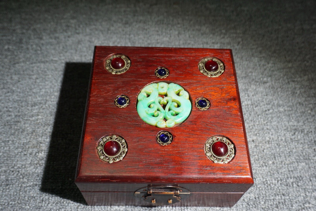 Chinese antique rosewood inlaid gemstone square box