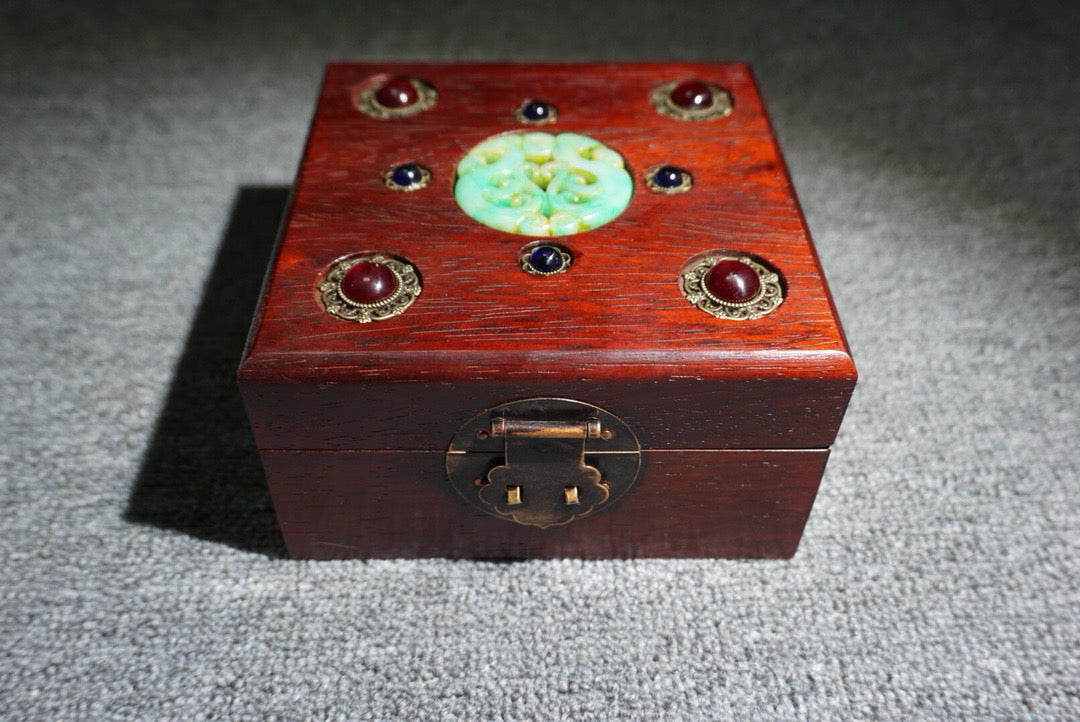 Chinese antique rosewood inlaid gemstone square box