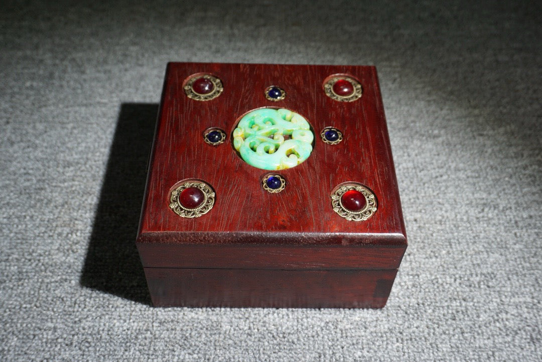 Chinese antique rosewood inlaid gemstone square box