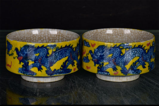 Chinese antique yellow glazed blue and white dragon and phoenix auspicious pattern open cup