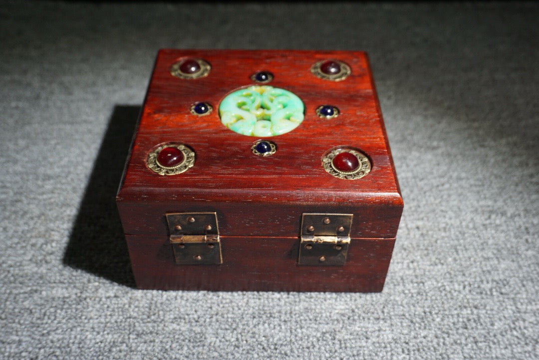 Chinese antique rosewood inlaid gemstone square box