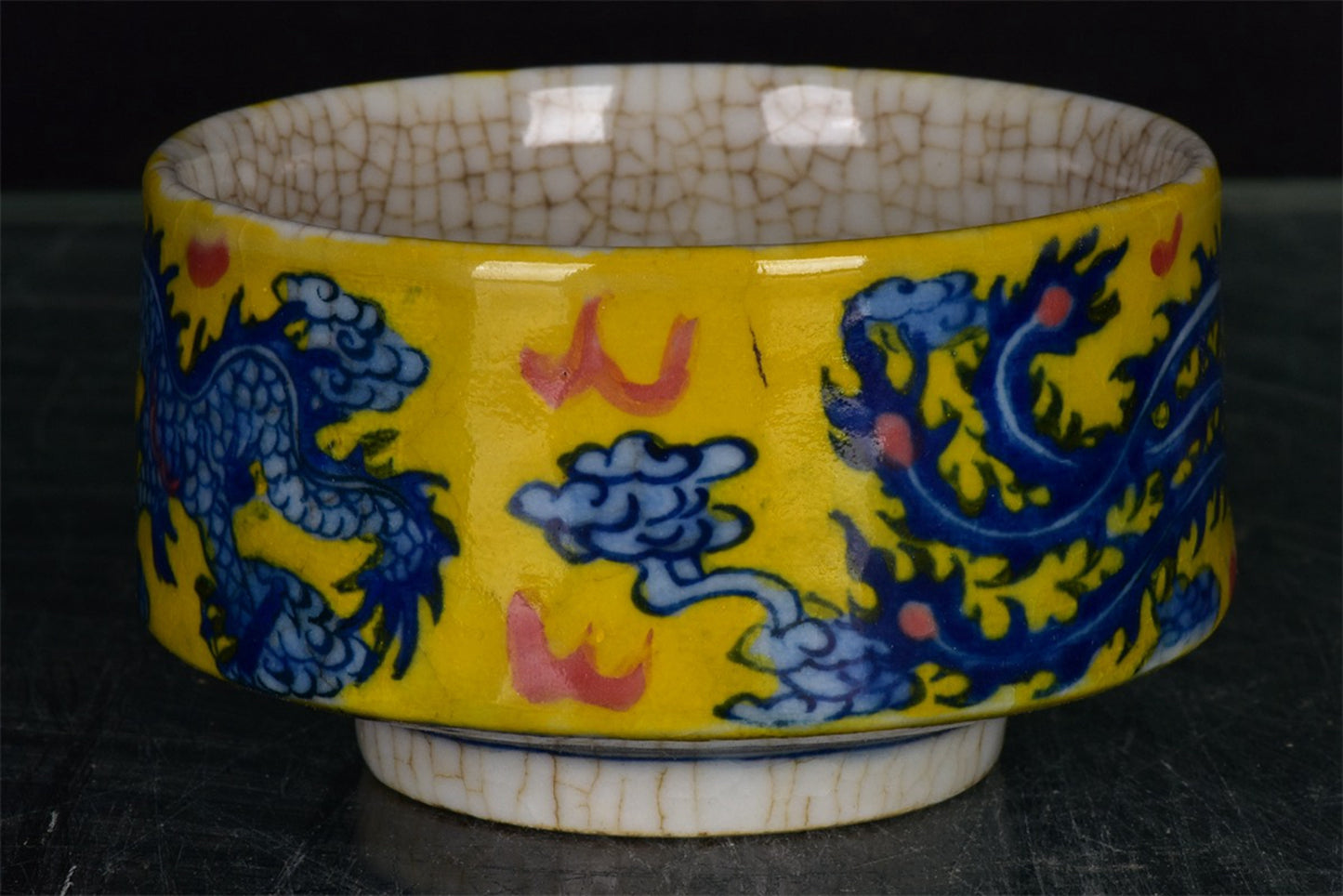 Chinese antique yellow glazed blue and white dragon and phoenix auspicious pattern open cup