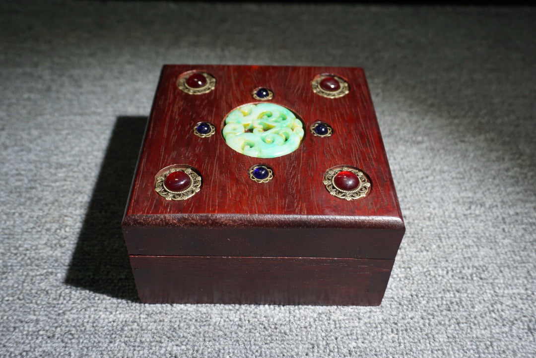 Chinese antique rosewood inlaid gemstone square box