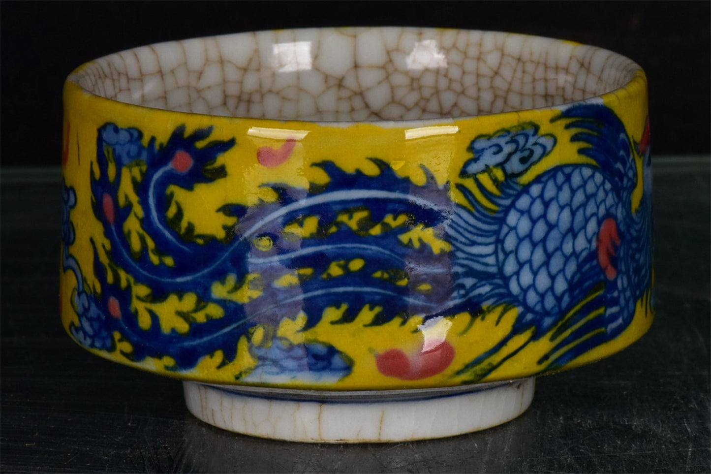Chinese antique yellow glazed blue and white dragon and phoenix auspicious pattern open cup