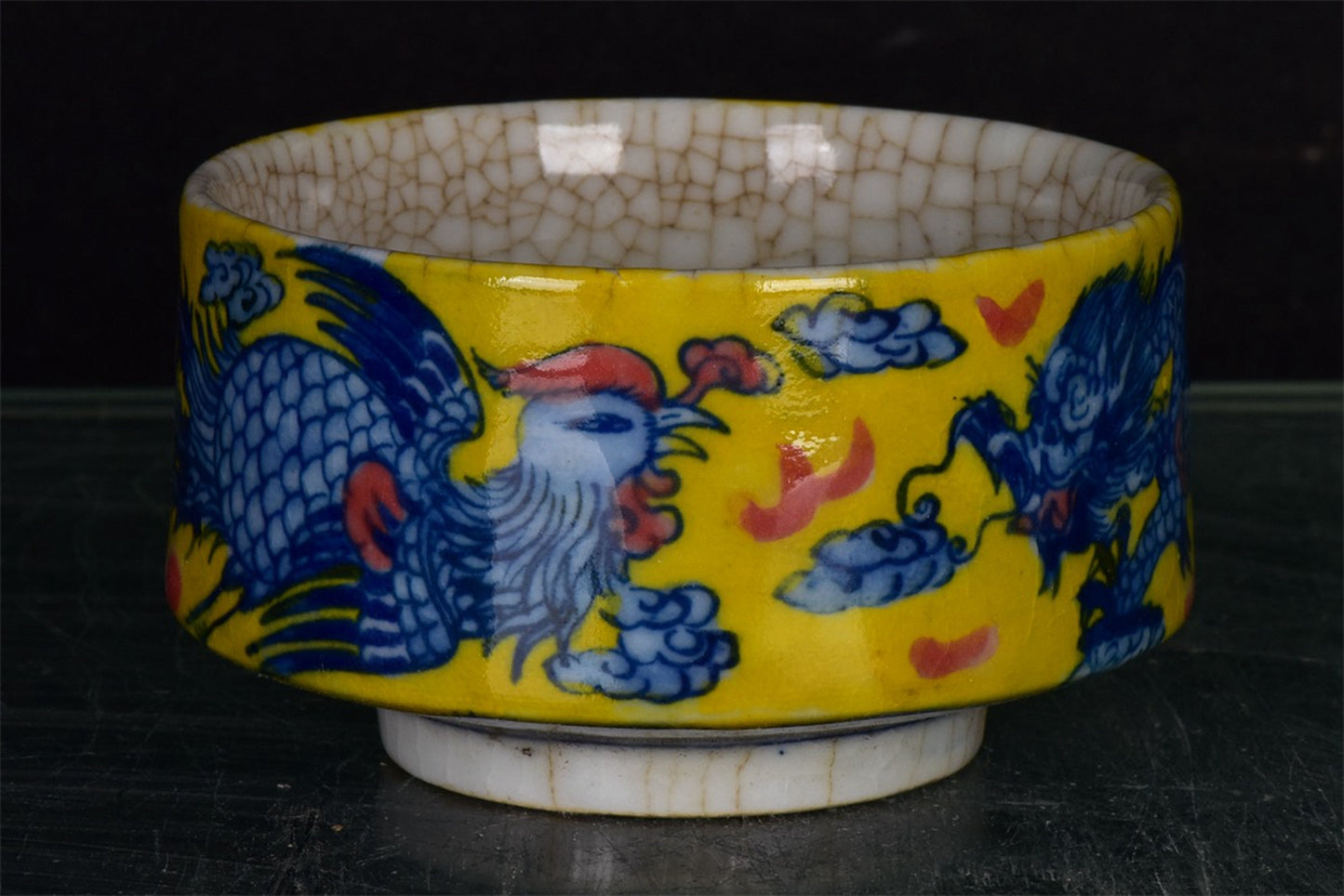 Chinese antique yellow glazed blue and white dragon and phoenix auspicious pattern open cup