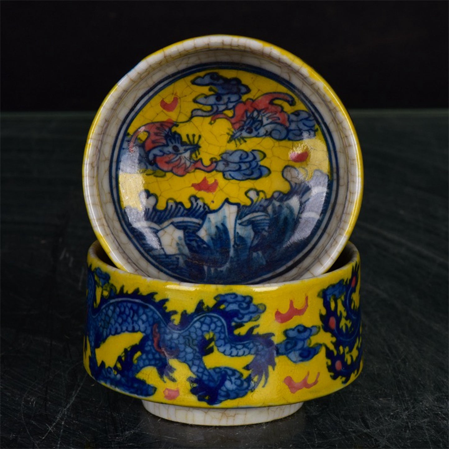 Chinese antique yellow glazed blue and white dragon and phoenix auspicious pattern open cup