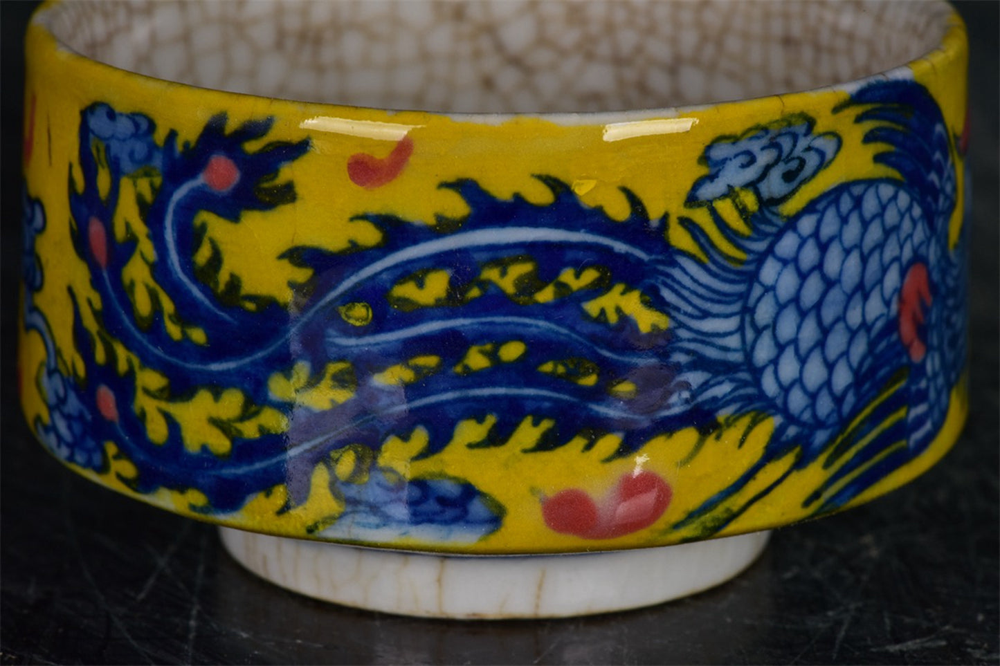 Chinese antique yellow glazed blue and white dragon and phoenix auspicious pattern open cup