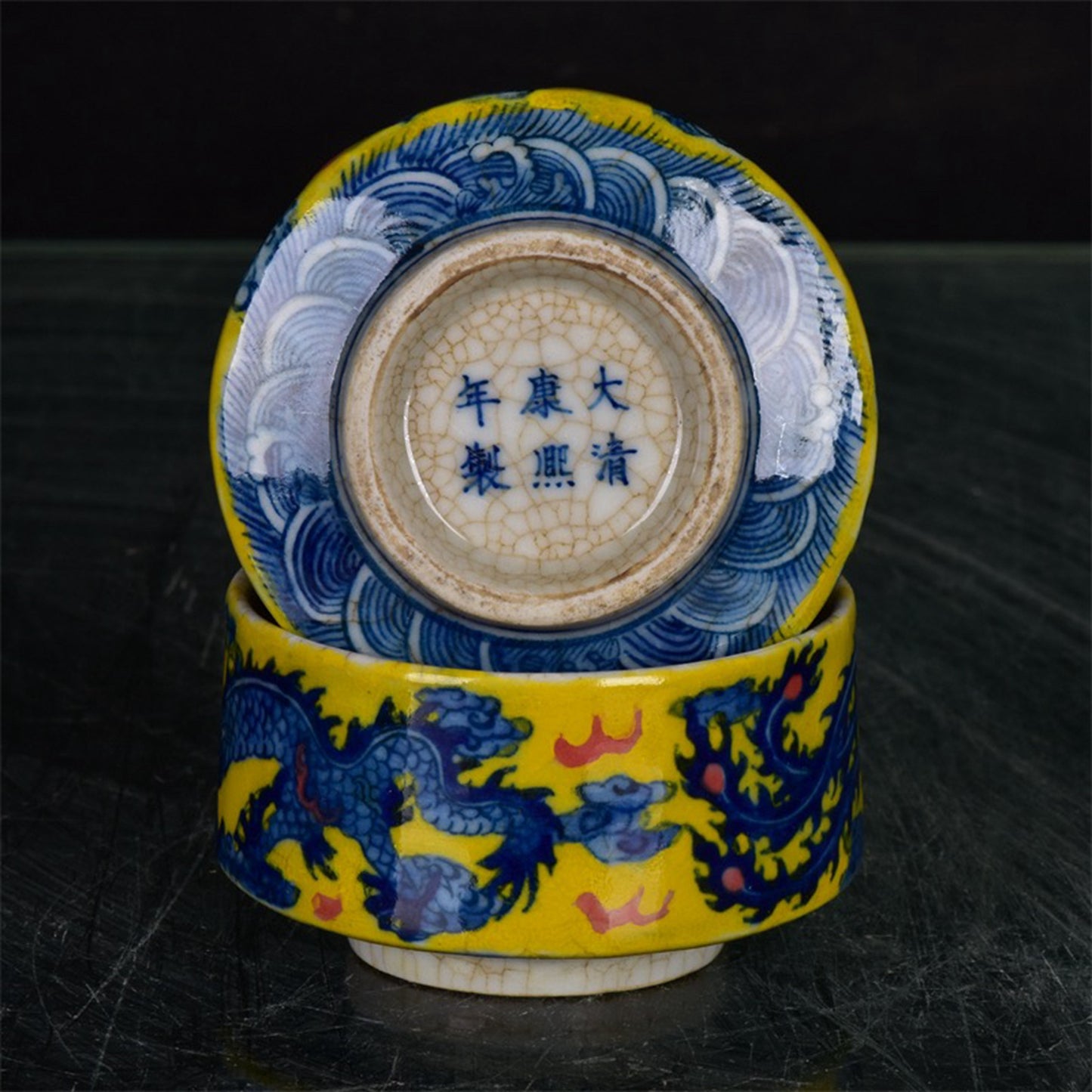 Chinese antique yellow glazed blue and white dragon and phoenix auspicious pattern open cup