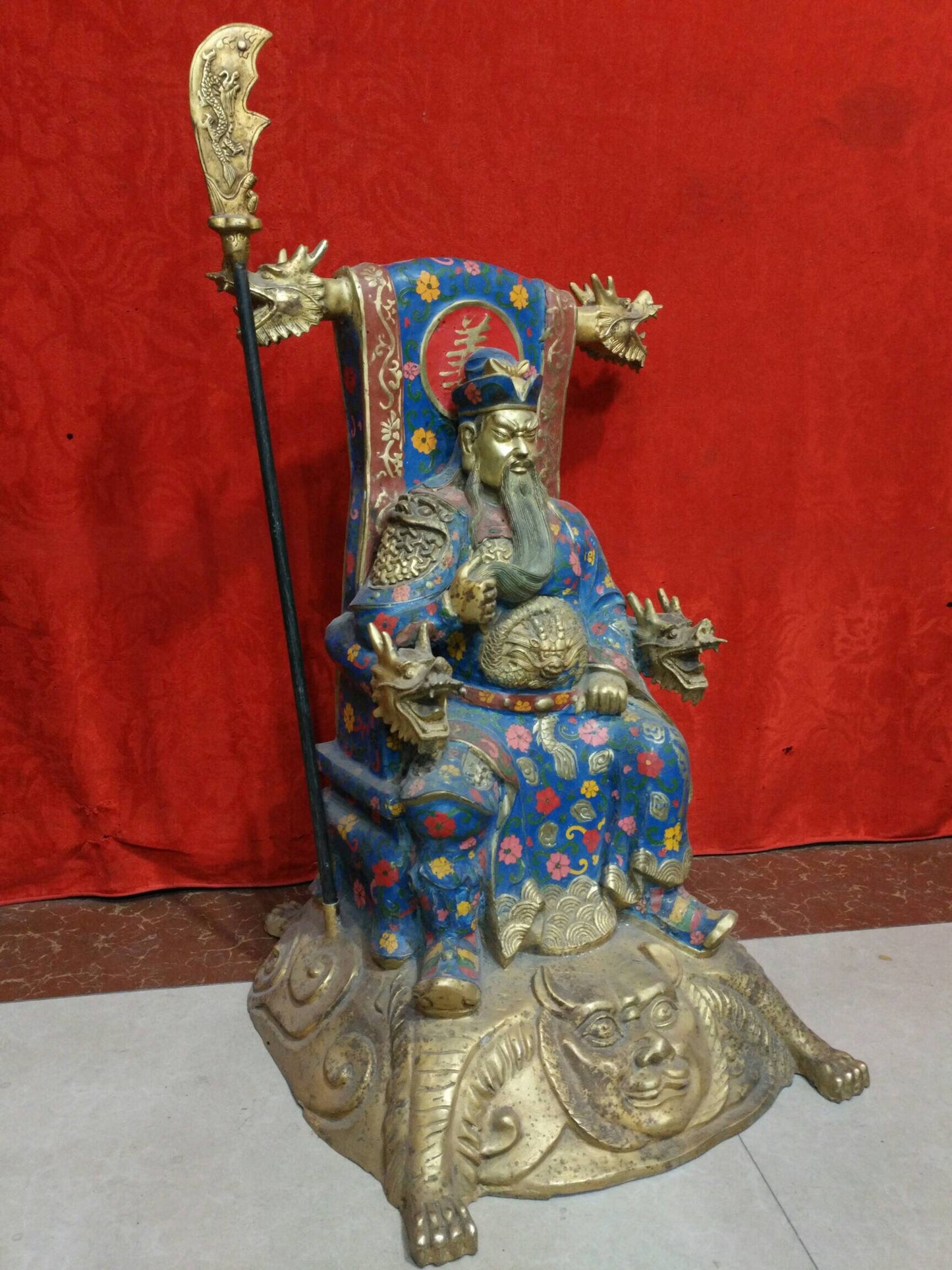 Chinese Antique Pure Copper Cloisonne Enamel Colorful Martial God of Wealth