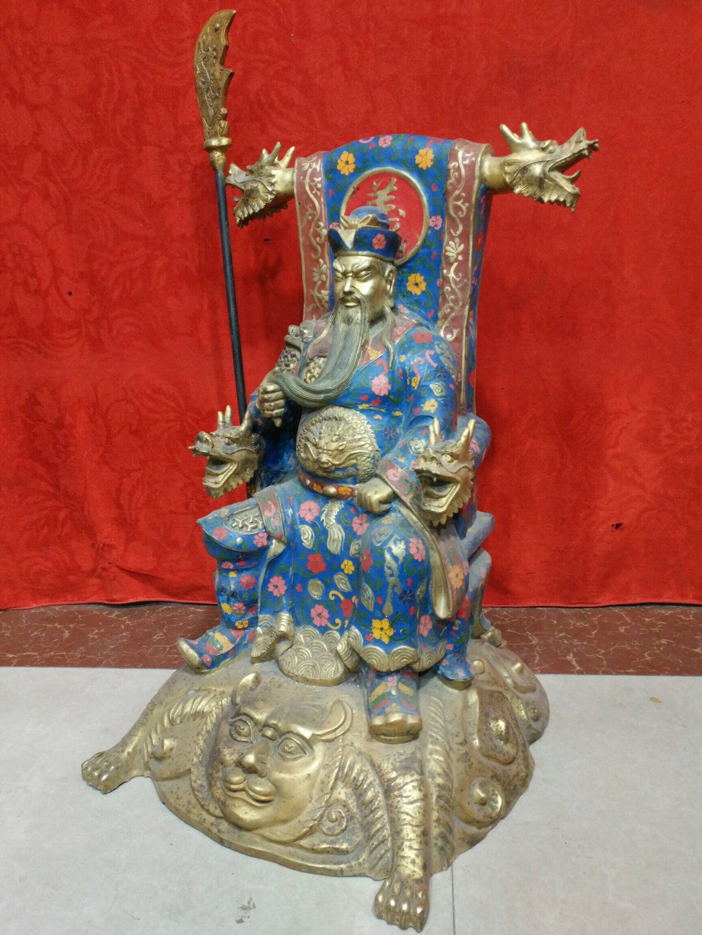 Chinese Antique Pure Copper Cloisonne Enamel Colorful Martial God of Wealth