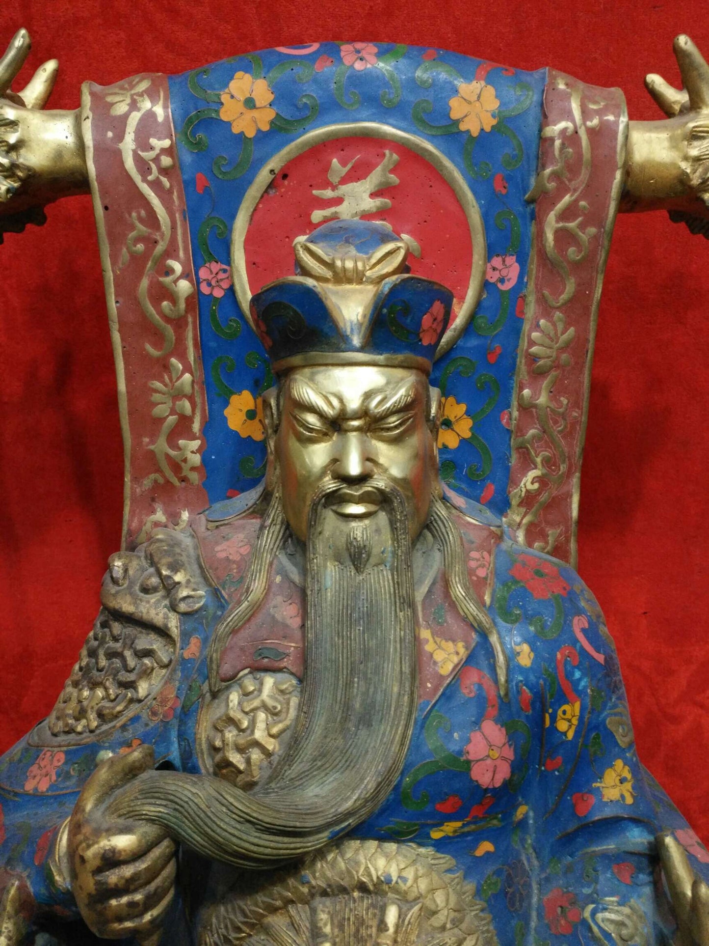 Chinese Antique Pure Copper Cloisonne Enamel Colorful Martial God of Wealth