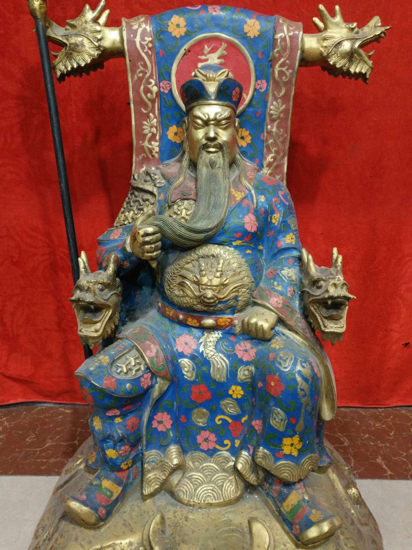 Chinese Antique Pure Copper Cloisonne Enamel Colorful Martial God of Wealth