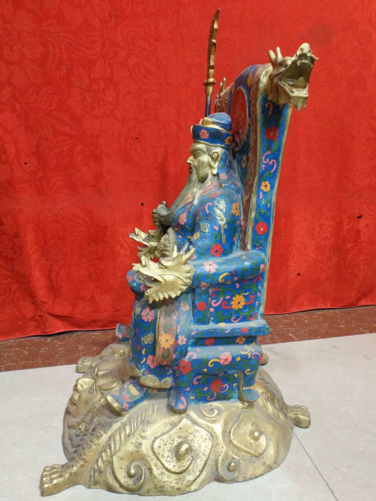 Chinese Antique Pure Copper Cloisonne Enamel Colorful Martial God of Wealth