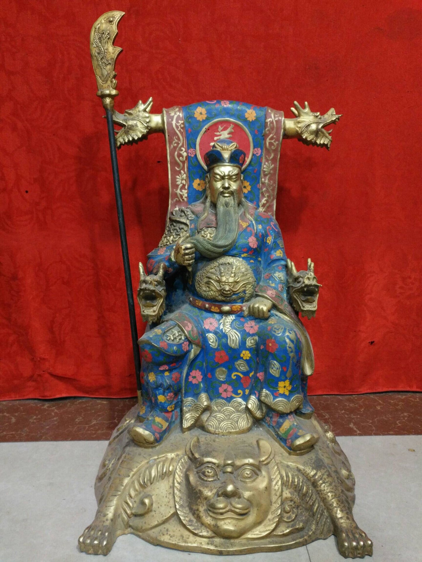 Chinese Antique Pure Copper Cloisonne Enamel Colorful Martial God of Wealth